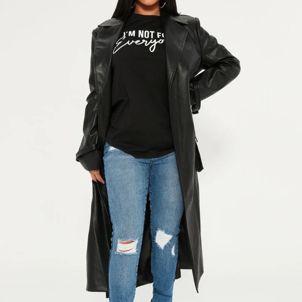 Faux Leather Belted Trench Coat - Black Size L